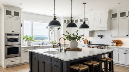 Luxury kitchen with white walls and a large window overlooking the seaの素材