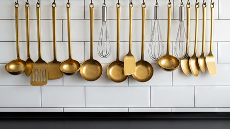 Kitchen utensils in a row on a white background.の素材