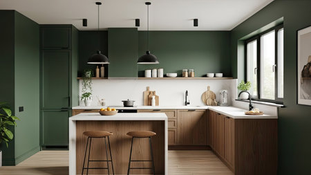 Interior of modern kitchen with green walls, wooden floor, green cupboards and wooden countertops. 3d renderingの素材