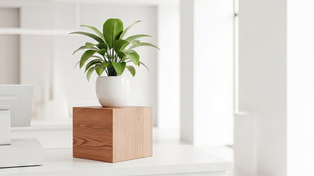 Interior of a modern office with a white wall, a wooden cube and a green plant. 3d rendering mock upの素材