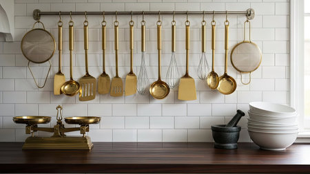 Vintage kitchen utensils hanging on the wall. 3d renderingの素材