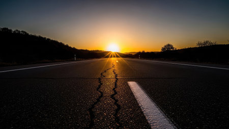 Asphalt road at sunset with sun rays and mountains in the backgroundの素材