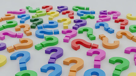 Question mark background. 3D rendering. Colorful question marks.の素材