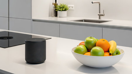 Modern kitchen interior with white countertop, black sink and a bowl of fruits. 3d renderingの素材