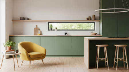 Interior of modern kitchen with white walls, wooden floor, green cupboards and bar with yellow armchair. 3d renderingの素材