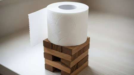 Rolls of toilet paper on a wooden stand. Close-up.の素材
