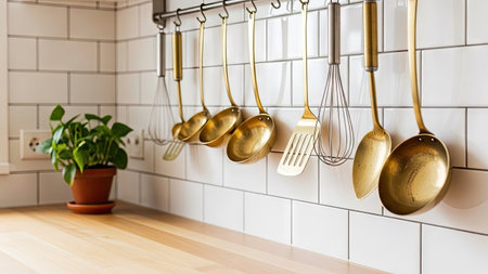 Vintage copper kitchen utensils in a modern kitchen interior.の素材