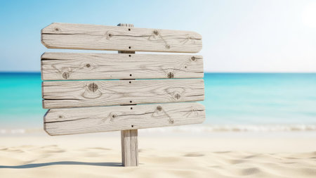 Wooden signpost on the beach. 3d illustration. Summer holiday conceptの素材