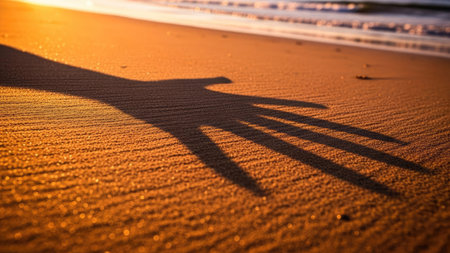 Shadow of a man and a woman on the beach at sunset.の素材