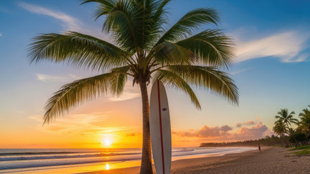 Surfboard and palm tree on the beach at beautiful sunset.の素材