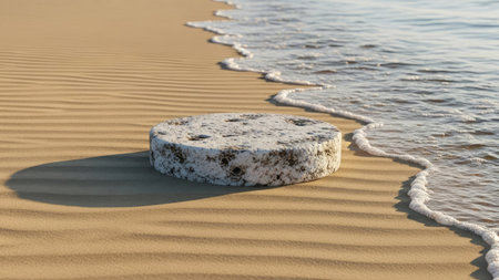 The stone on the sand on the beach with the sea in the backgroundの素材