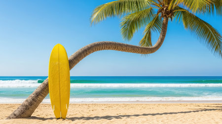 Yellow surfboard on a tropical beach with palm tree and blue skyの素材