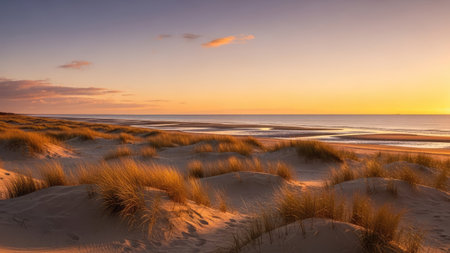Sunset over the sand dunes on the North Sea coast of Germanyの素材