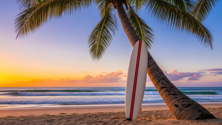 Surfboard and palm tree on tropical beach at sunset time.の素材