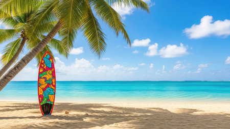 Surfboard on tropical beach with palm trees and turquoise waterの素材