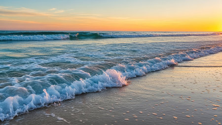 Beautiful sunset on the beach with waves crashing on the shore.の素材