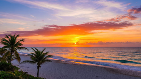 Beautiful sunset on the beach with palm trees and the sea.の素材