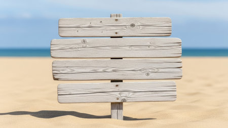 Wooden signpost on the beach. 3d render illustration.の素材