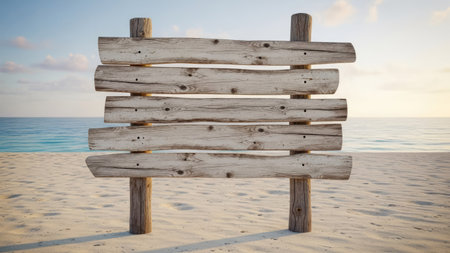 Wooden signpost on the beach at sunset. 3d renderの素材