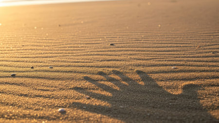 Silhouette of a hand on the sand with the sun in the backgroundの素材