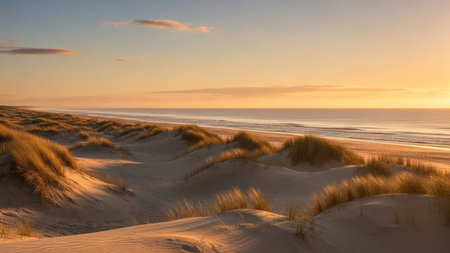 Dunes at sunset on the North Sea coast in Zeeland, Netherlandsの素材