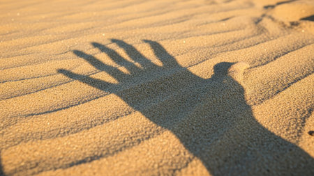 Shadow of a hand on the sand at sunset in the desert.の素材