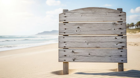 Blank wooden signboard on the beach with sea and sky backgroundの素材