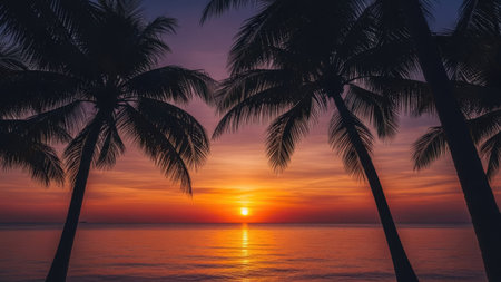 Beautiful Silhouette coconut palm tree with sunset time - Vintage Filterの素材