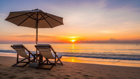 Umbrella and chair on the beautiful beach and sea at sunset time for travel and vacationの素材