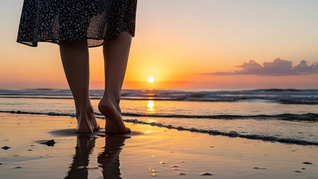 Woman's legs on the beach at sunset or sunrise with copy spaceの素材