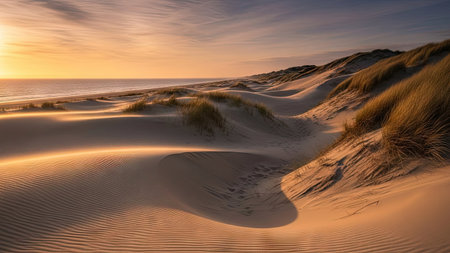 Sand dunes at sunset on the Baltic Sea coast in Poland.の素材