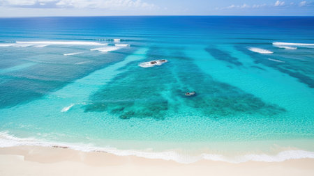Aerial view of tropical beach with white sand and turquoise waterの素材