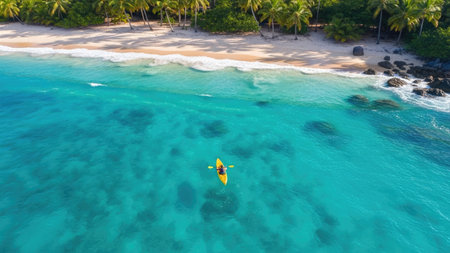 Aerial view of a woman kayaking in turquoise water on a tropical beachの素材