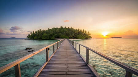 Wooden bridge leading to paradise island with turquoise water at sunsetの素材