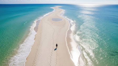 Aerial view of a man walking on a beautiful beach in Australiaの素材