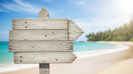 Wooden signpost with blank arrow on sandy beach and sea backgroundの素材