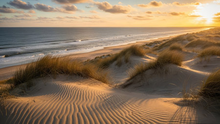 Sunset over sand dunes on the North Sea coast in Germanyの素材