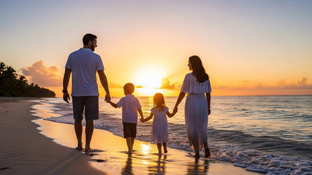 Happy family of three having fun on tropical beach at beautiful sunset timeの素材