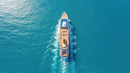 Aerial view of a luxury yacht sailing in the blue sea.の素材