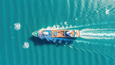 Aerial view of a tourist boat in the sea. Top view.の素材