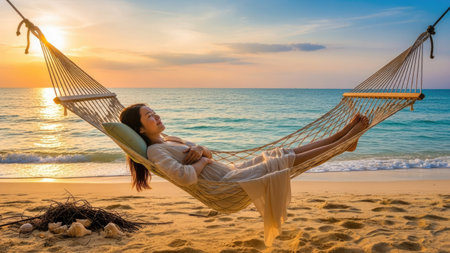 Beautiful asian woman relax in hammock on the beach and sea with sunset or sunrise time for leisure travel and vacationの素材