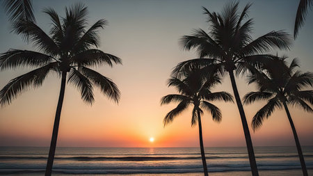 Silhouette of coconut palm trees on the beach at sunset.の素材