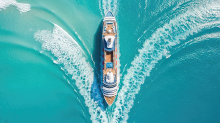 Aerial view of luxury yacht in turquoise sea water. Top view.の素材