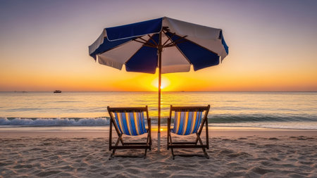 Umbrella and chair on the beach and sea - Vintage filterの素材