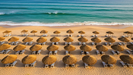 Aerial view of beach umbrellas and sun loungers on sandy beachの素材