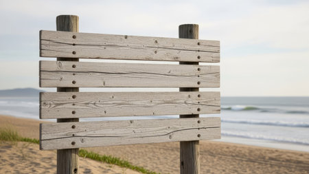 Wooden signpost on the beach, close-up with copy spaceの素材