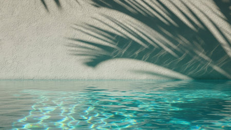 Tropical palm leaf shadow on the wall and pool background.の素材