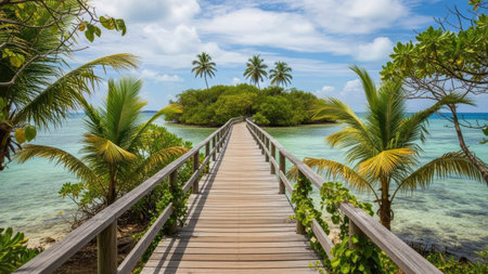 Wooden walkway leading to tropical island with palm trees and turquoise waterの素材