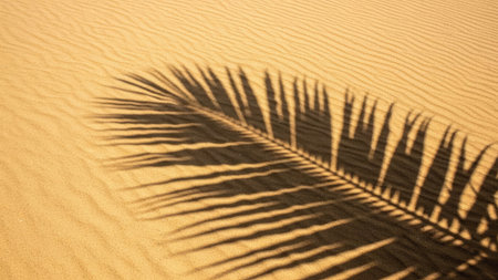 Tropical palm leaf shadow on sand dune in the desertの素材