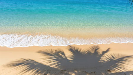 Tropical beach with palm tree shadow on the sand and sea waveの素材